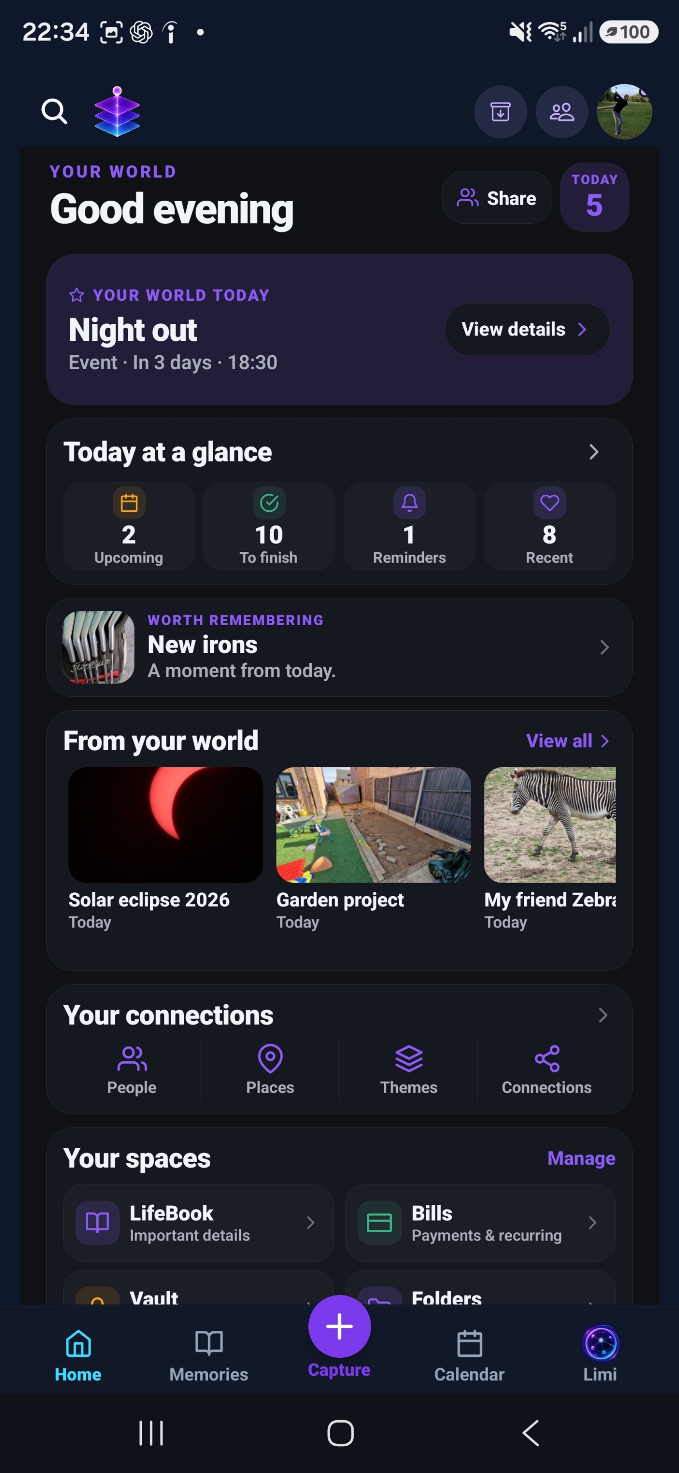 Memory Temple Home in dark mode