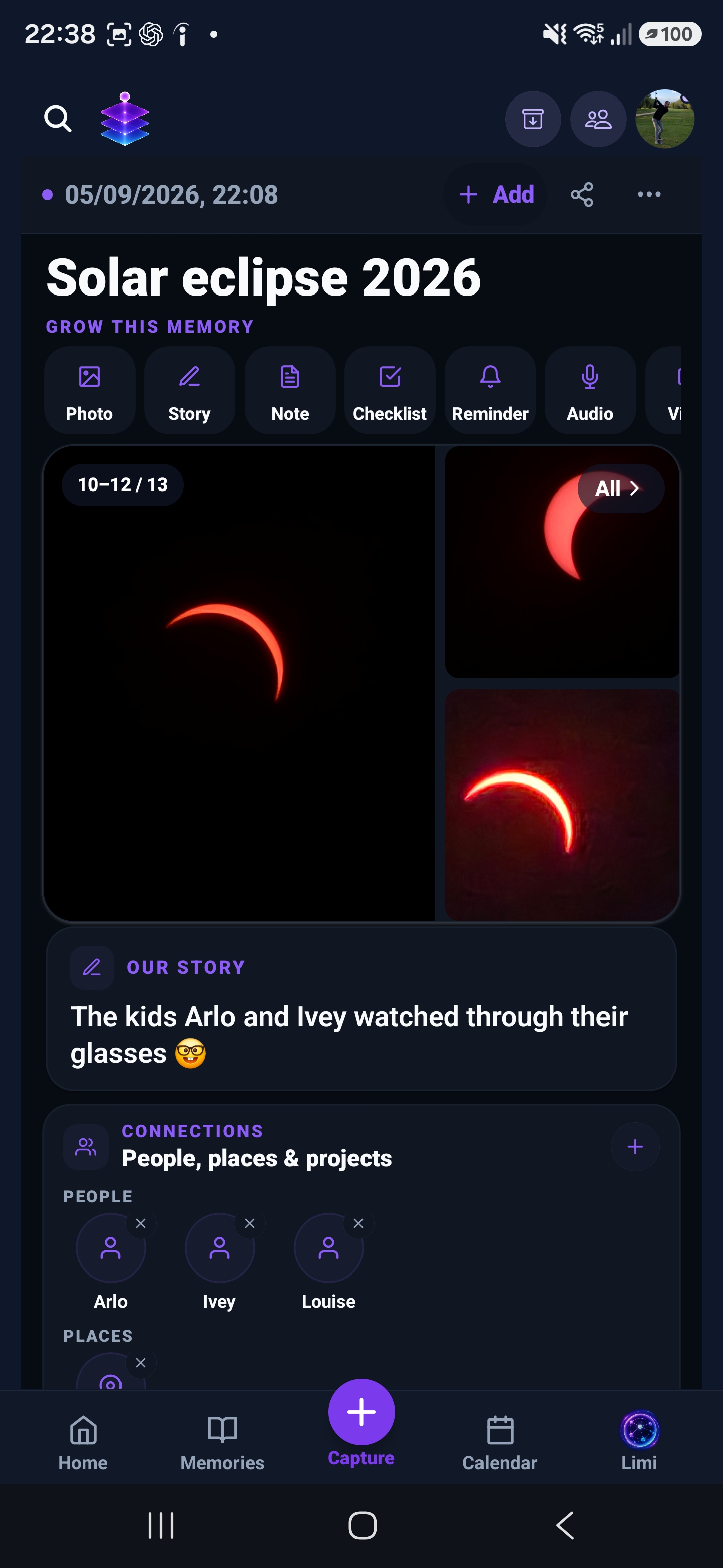 Solar eclipse 2026 Living Memory, with eclipse photos, the family’s story, and connections to people and places, dark mode