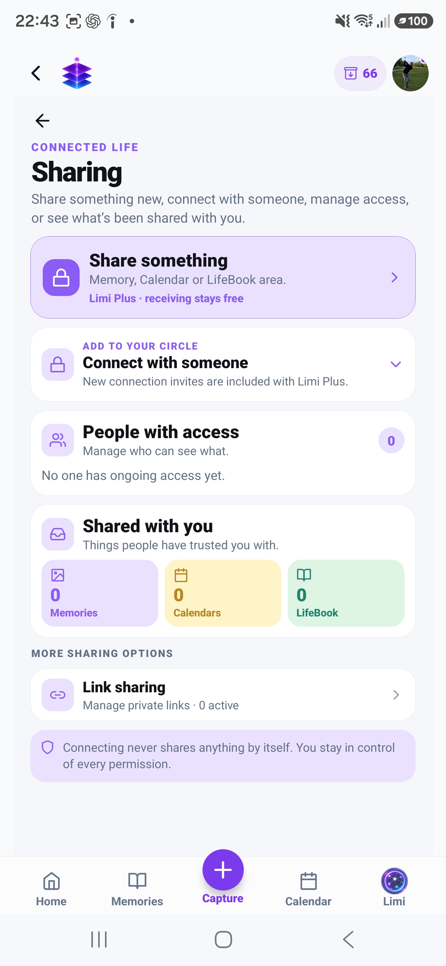 Sharing controls: share something, connect with someone, manage people with access and private links