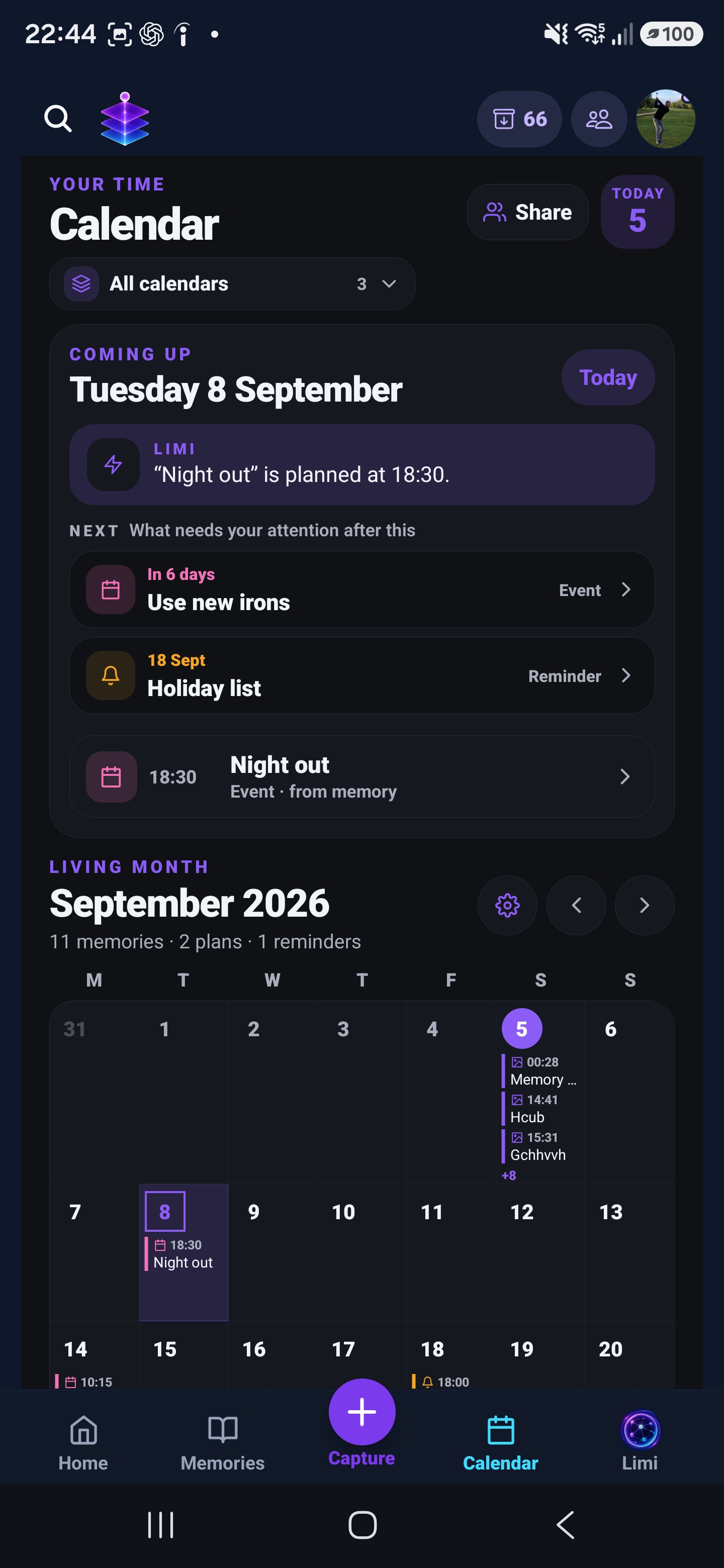 Memory Temple Calendar in dark mode