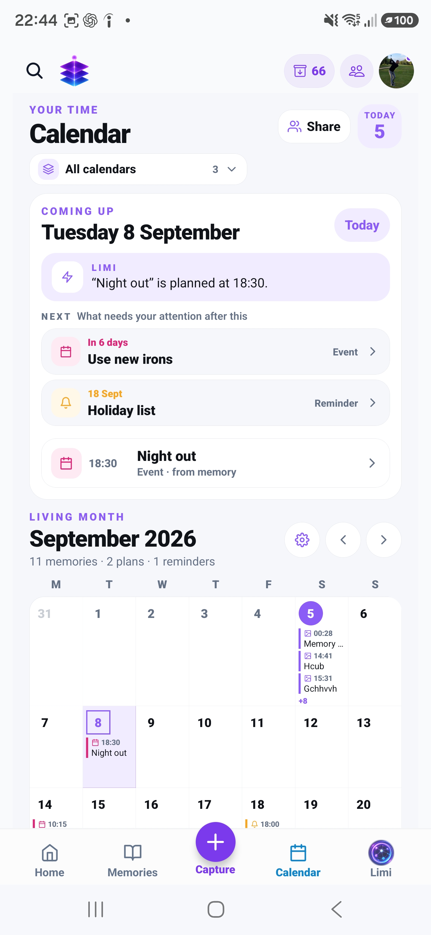 Memory Temple Calendar in light mode, with upcoming plans and a living month