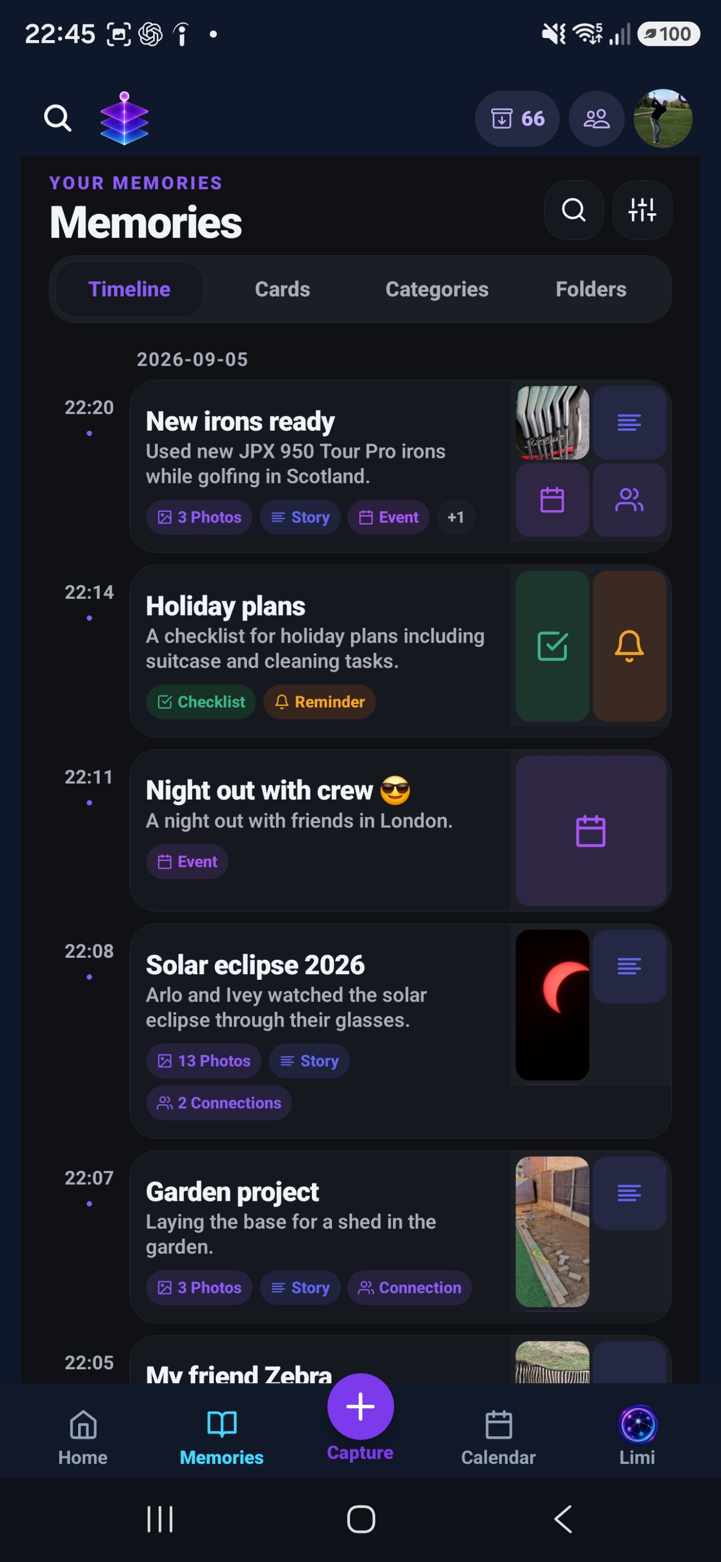 The Memories timeline showing golf, holiday plans, a night out, the solar eclipse and a garden project